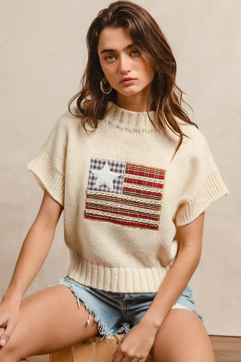 BiBi American Flag Patchwork Sweater – Drop Shoulder USA Knit Top