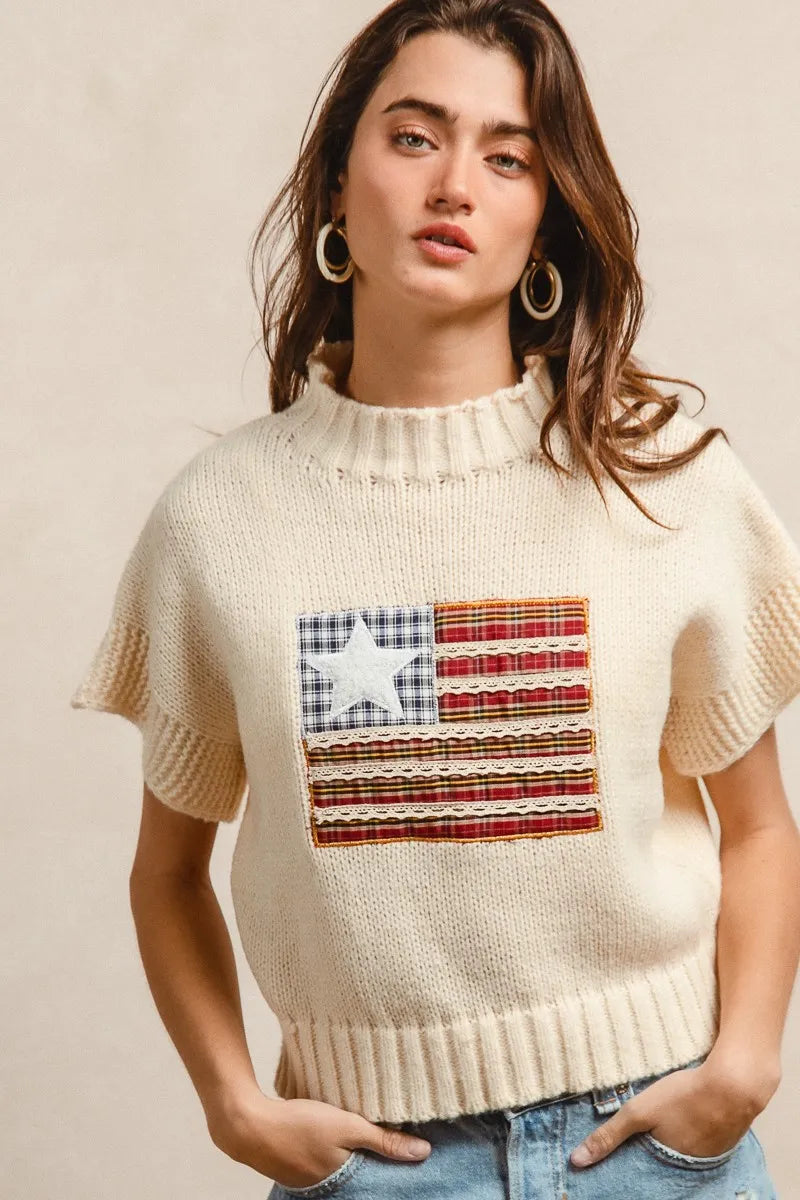 BiBi American Flag Patchwork Sweater – Drop Shoulder USA Knit Top