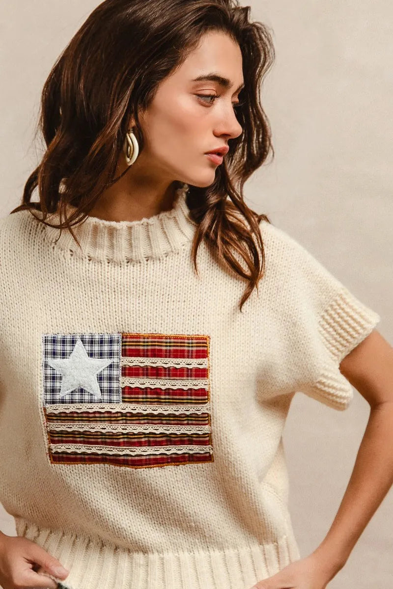 BiBi American Flag Patchwork Sweater – Drop Shoulder USA Knit Top