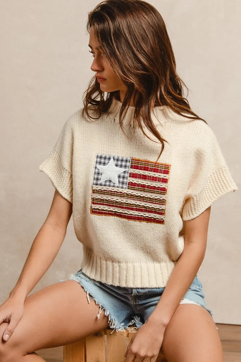 BiBi American Flag Patchwork Sweater – Drop Shoulder USA Knit Top