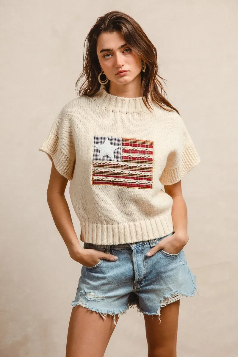 BiBi American Flag Patchwork Sweater – Drop Shoulder USA Knit Top