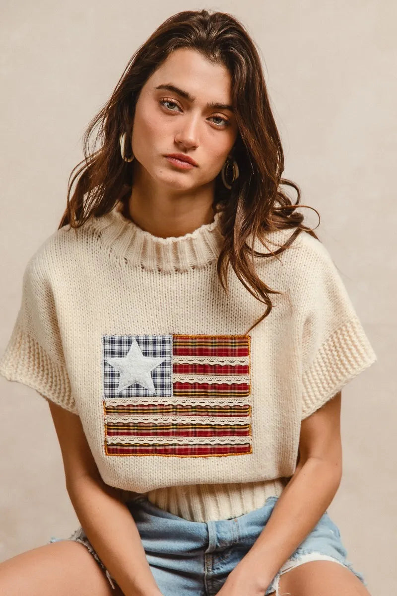 BiBi American Flag Patchwork Sweater – Drop Shoulder USA Knit Top