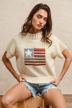 BiBi American Flag Patchwork Sweater – Drop Shoulder USA Knit Top