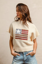 BiBi American Flag Patchwork Sweater – Drop Shoulder USA Knit Top