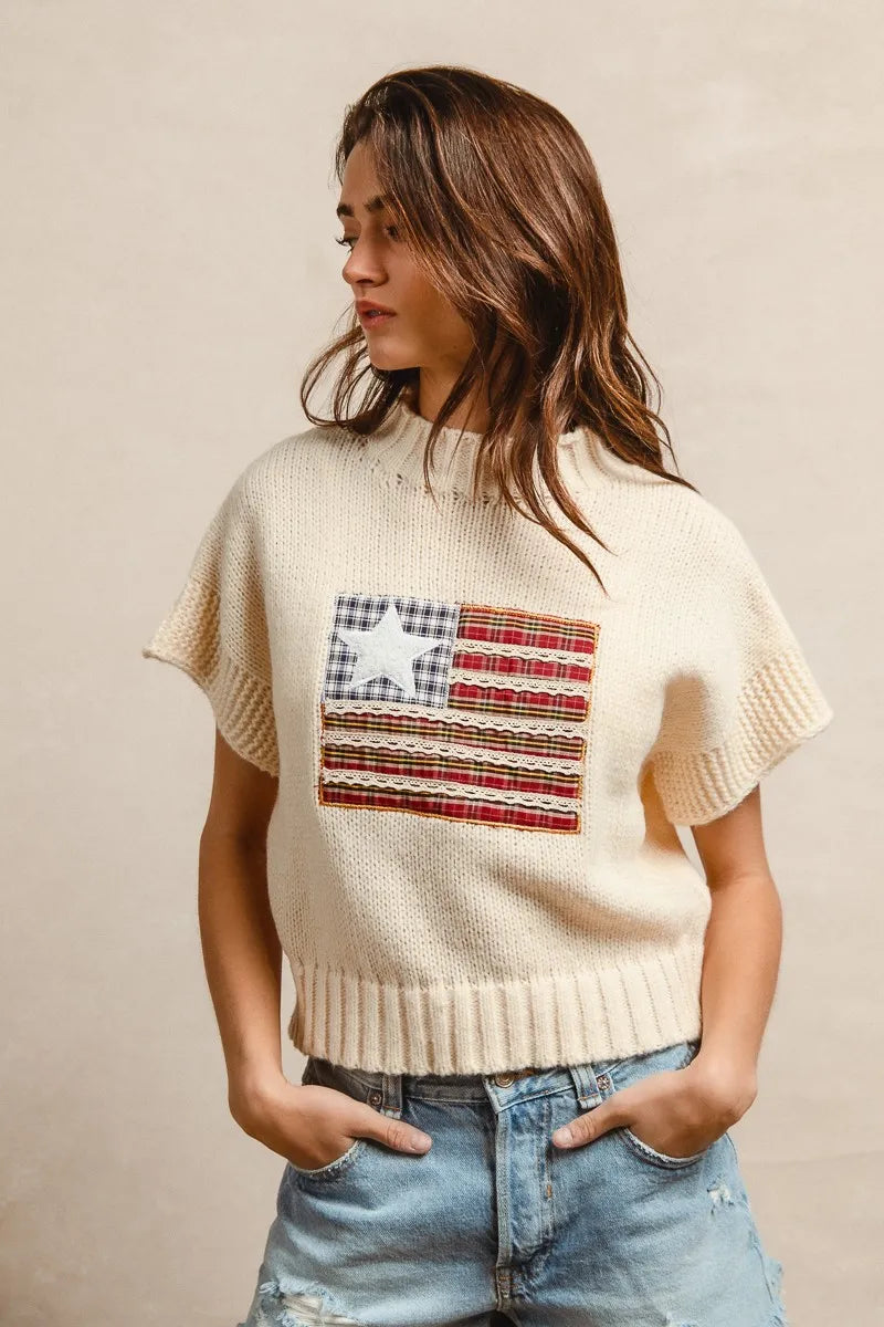 BiBi American Flag Patchwork Sweater – Drop Shoulder USA Knit Top