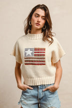 BiBi American Flag Patchwork Sweater – Drop Shoulder USA Knit Top