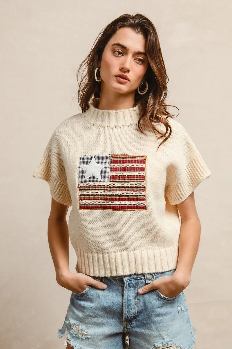 BiBi American Flag Patchwork Sweater – Drop Shoulder USA Knit Top