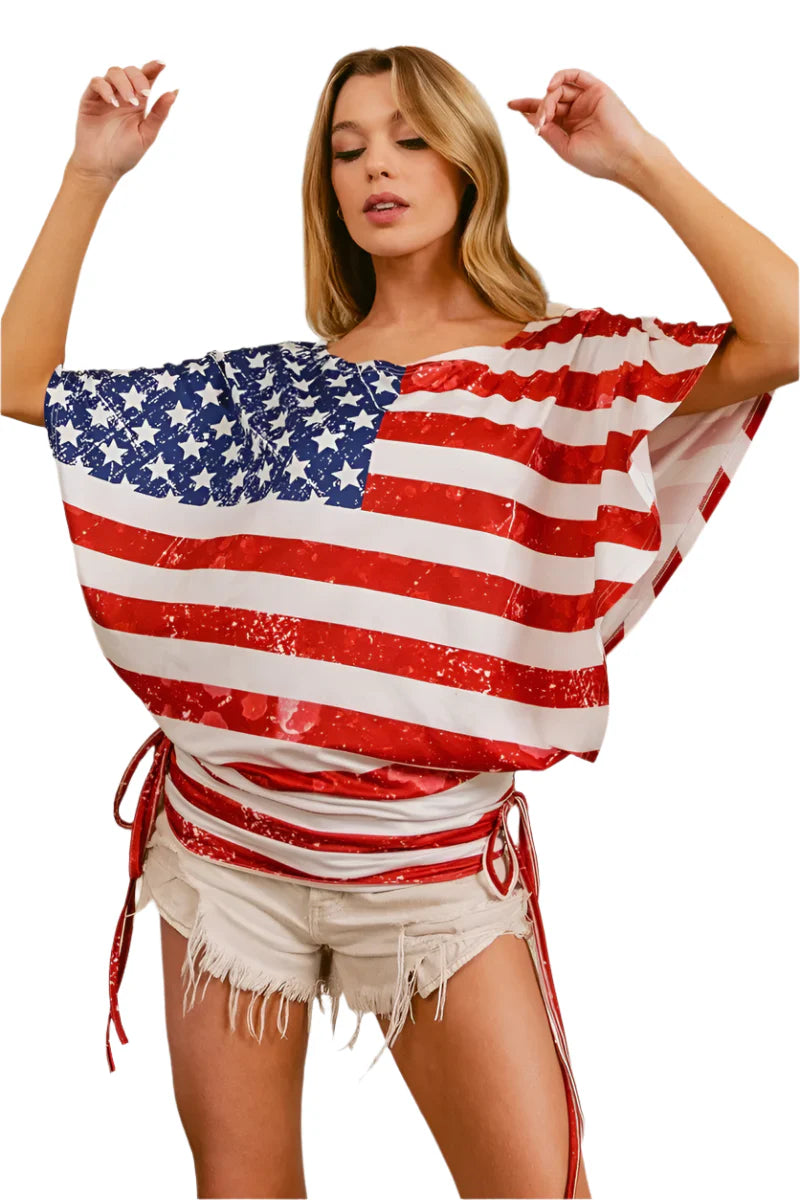 BiBi American Flag Printed Side Ruched Details Knit Top