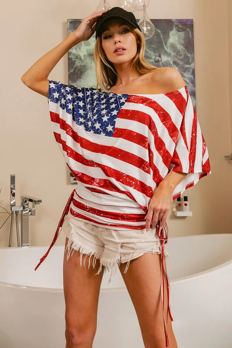 BiBi American Flag Printed Side Ruched Details Knit Top