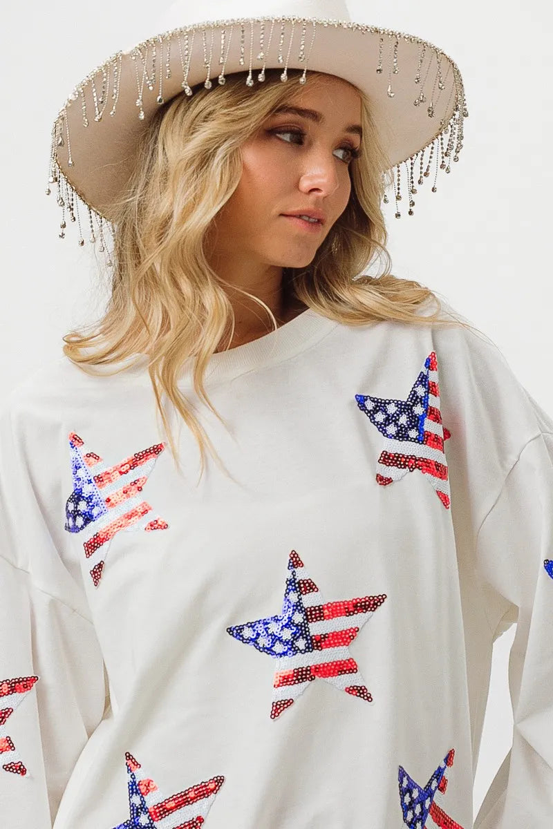 BiBi American Flag Sequin Star Sweatshirt