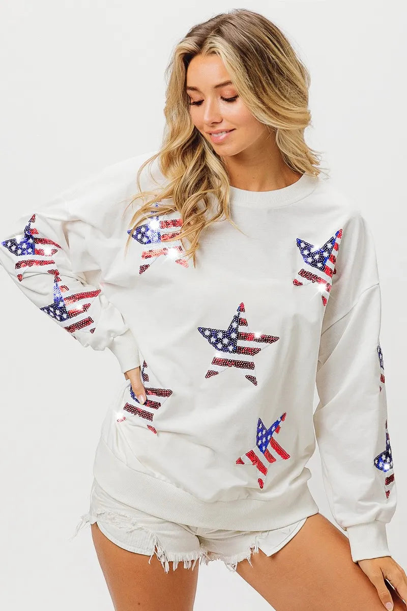 BiBi American Flag Sequin Star Sweatshirt
