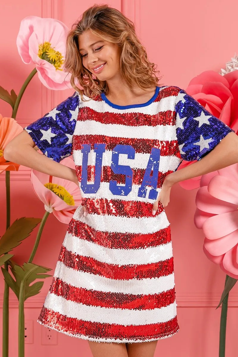 BiBi American Flag Theme Usa Print Sequin Dress