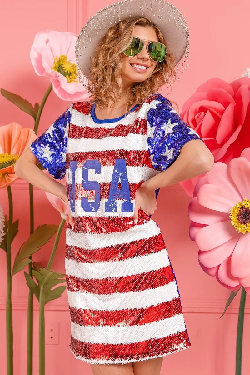 BiBi American Flag Theme Usa Print Sequin Dress