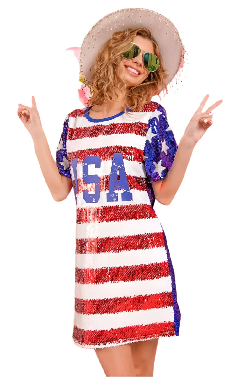 BiBi American Flag Theme Usa Print Sequin Dress