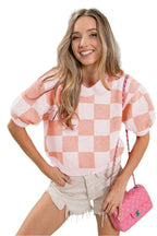 BiBi Check Pattern Short Puff Sleeve Sweater Top