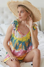 BiBi Circular Tie-Dye Knit V Neck Top with Ruffle Boho Chic Style