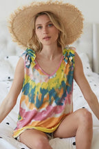 BiBi Circular Tie-Dye Knit V Neck Top with Ruffle Boho Chic Style