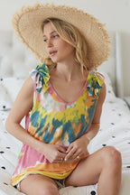 BiBi Circular Tie-Dye Knit V Neck Top with Ruffle Boho Chic Style