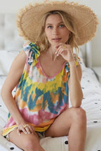 BiBi Circular Tie-Dye Knit V Neck Top with Ruffle Boho Chic Style