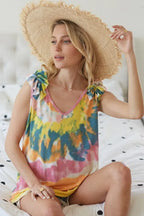 BiBi Circular Tie-Dye Knit V Neck Top with Ruffle Boho Chic Style