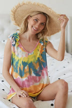 BiBi Circular Tie-Dye Knit V Neck Top with Ruffle Boho Chic Style