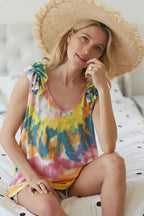 BiBi Circular Tie-Dye Knit V Neck Top with Ruffle Boho Chic Style