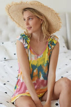 BiBi Circular Tie-Dye Knit V Neck Top with Ruffle Boho Chic Style