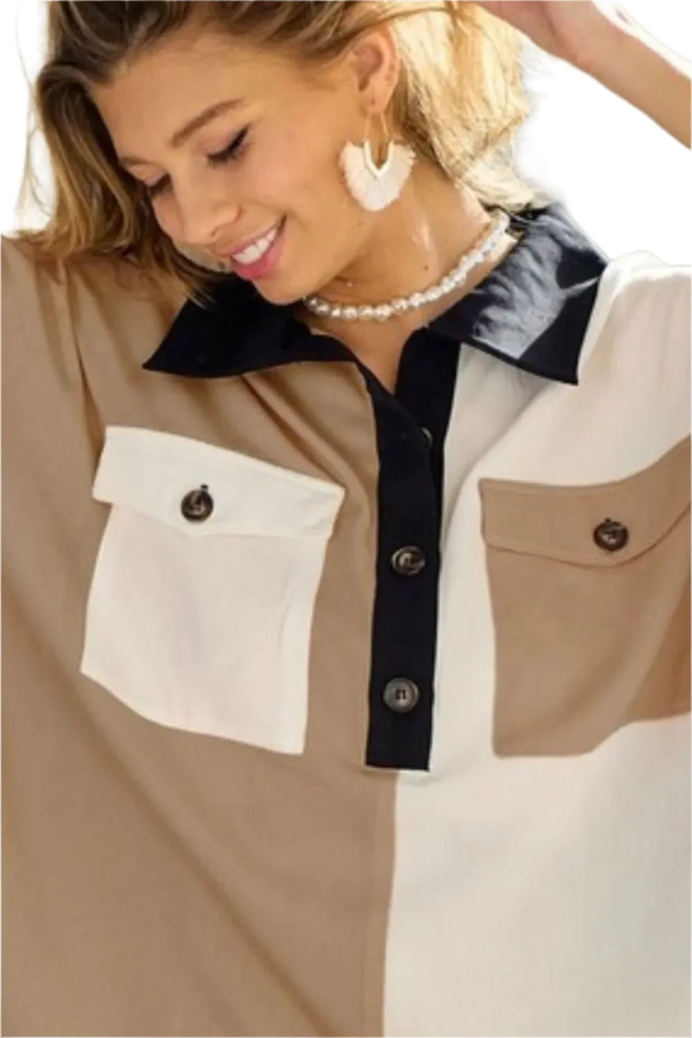 BiBi Color Block Quarter Neck Short Dolan Sleeve Top