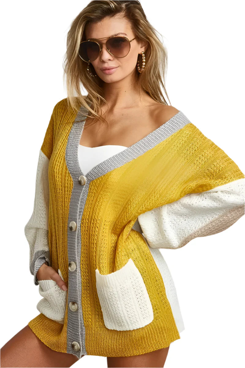 BiBi Color Block Sweater Cardigan with Button Closure