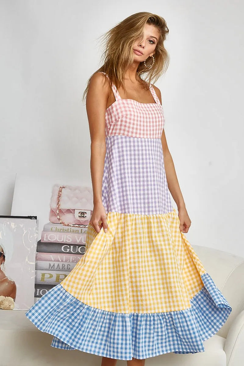 BiBi Color Block Tiered Gingham Dress