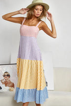 BiBi Color Block Tiered Gingham Dress