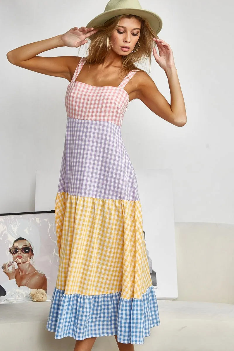 BiBi Color Block Tiered Gingham Dress