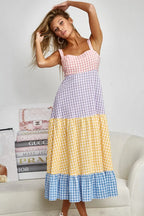 BiBi Color Block Tiered Gingham Dress