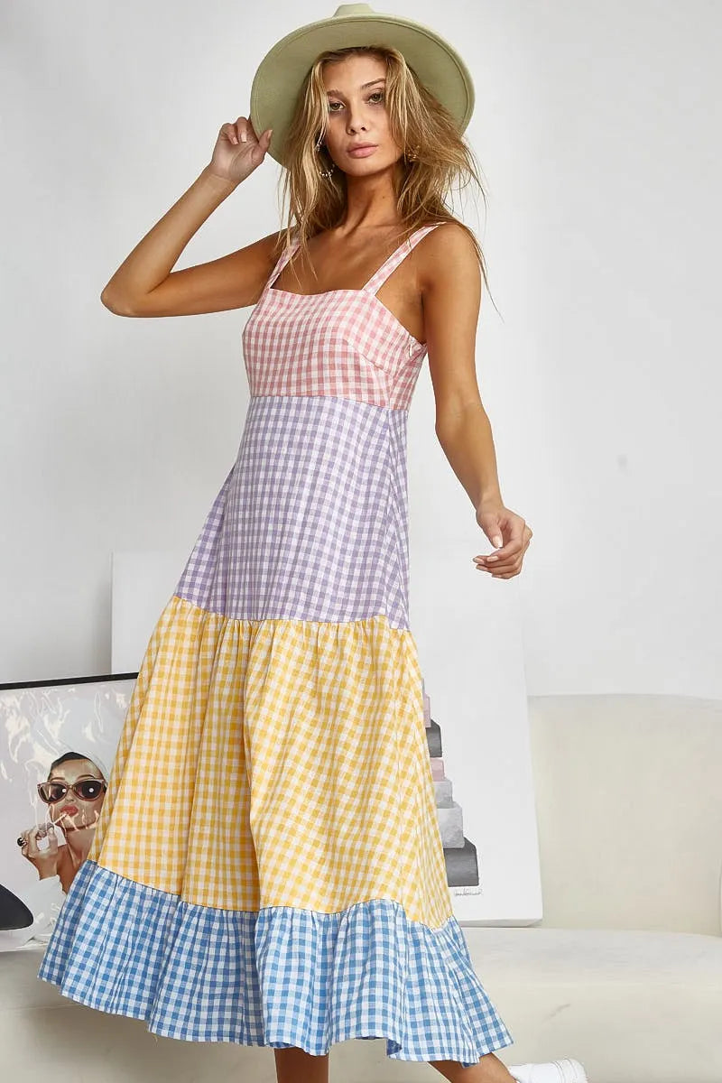 BiBi Color Block Tiered Gingham Dress