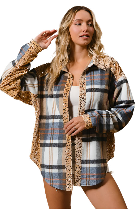 BiBi Curved Hem Sequin Plaid Button Up Shacket