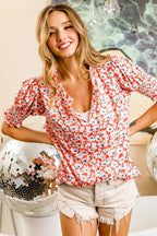 BiBi Floral Jqd Smoked Puff Sleeves V Neck Top