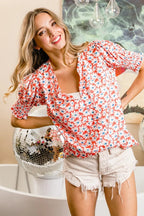 BiBi Floral Jqd Smoked Puff Sleeves V Neck Top