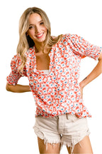 BiBi Floral Jqd Smoked Puff Sleeves V Neck Top