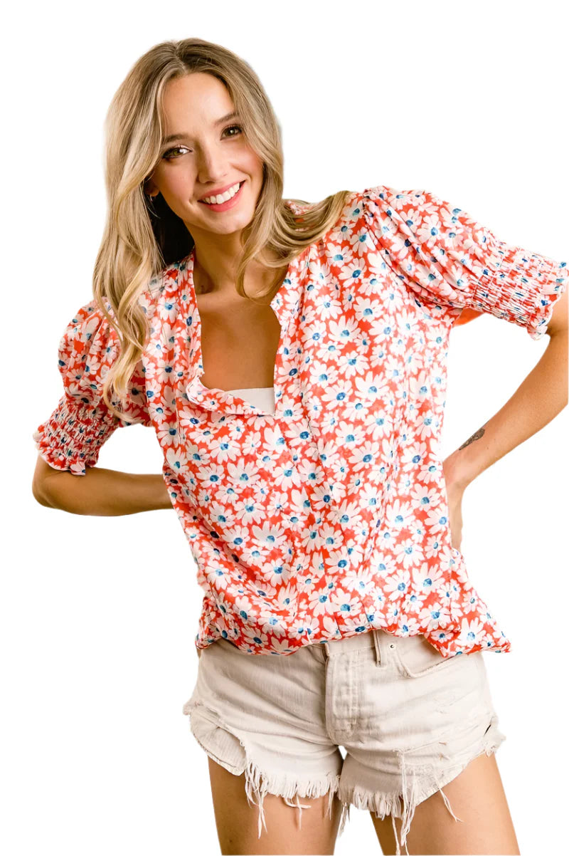 BiBi Floral Jqd Smoked Puff Sleeves V Neck Top