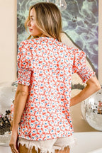 BiBi Floral Jqd Smoked Puff Sleeves V Neck Top