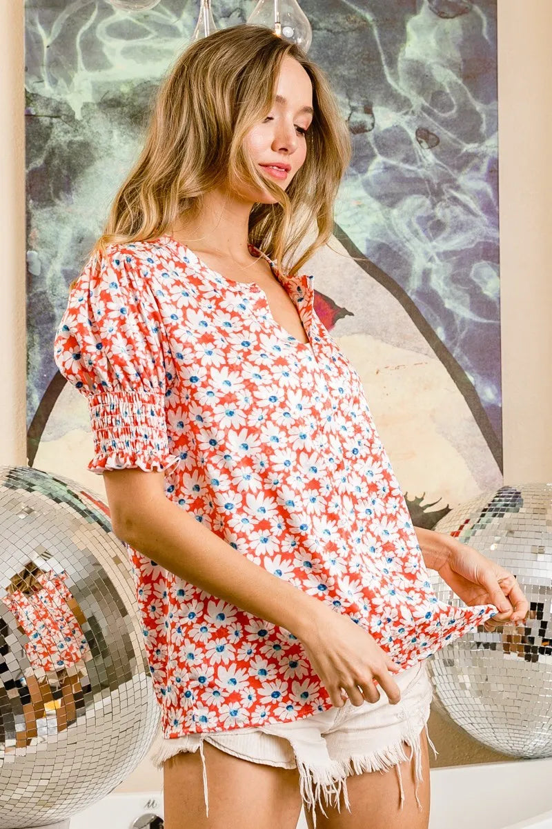 BiBi Floral Jqd Smoked Puff Sleeves V Neck Top