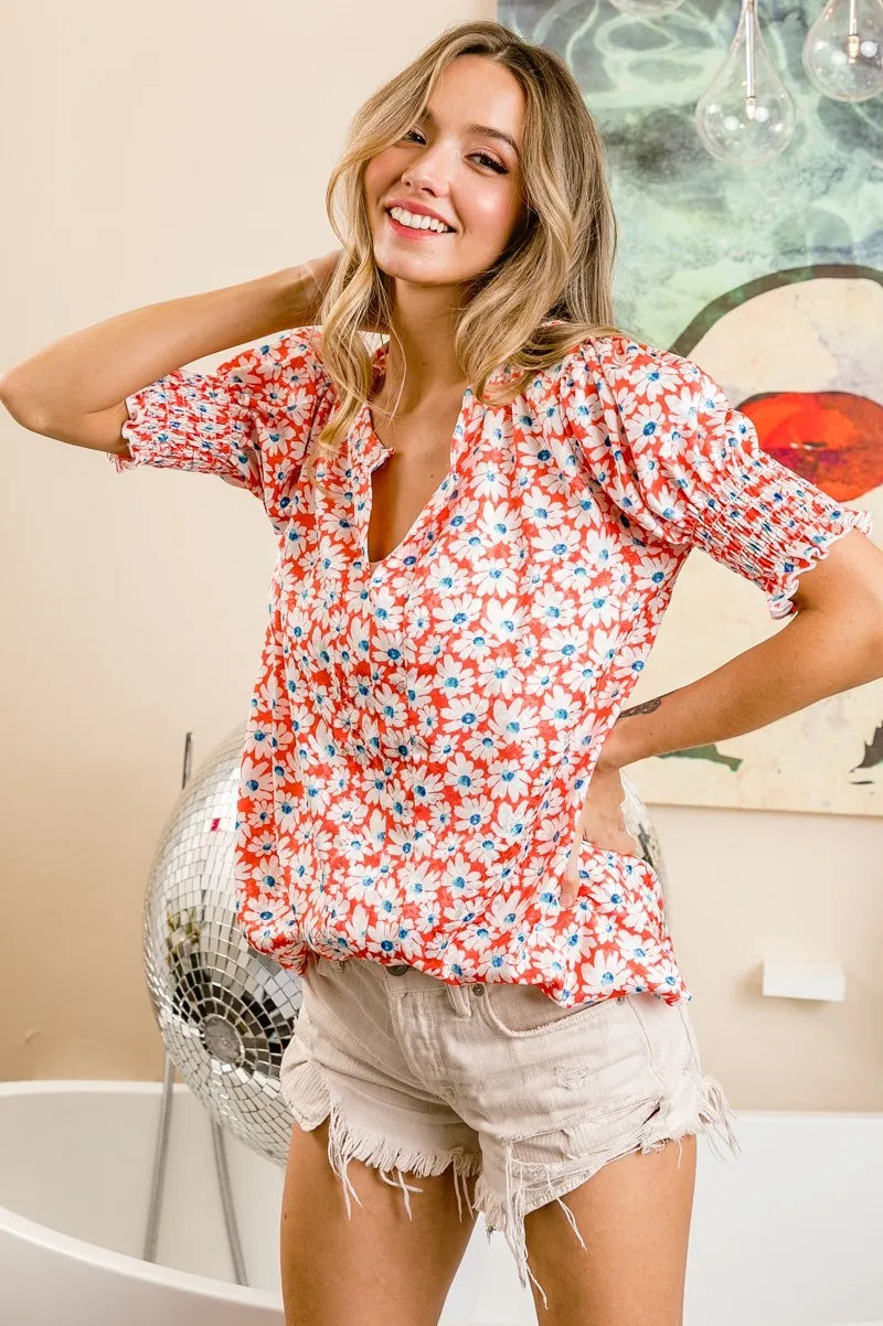 BiBi Floral Jqd Smoked Puff Sleeves V Neck Top