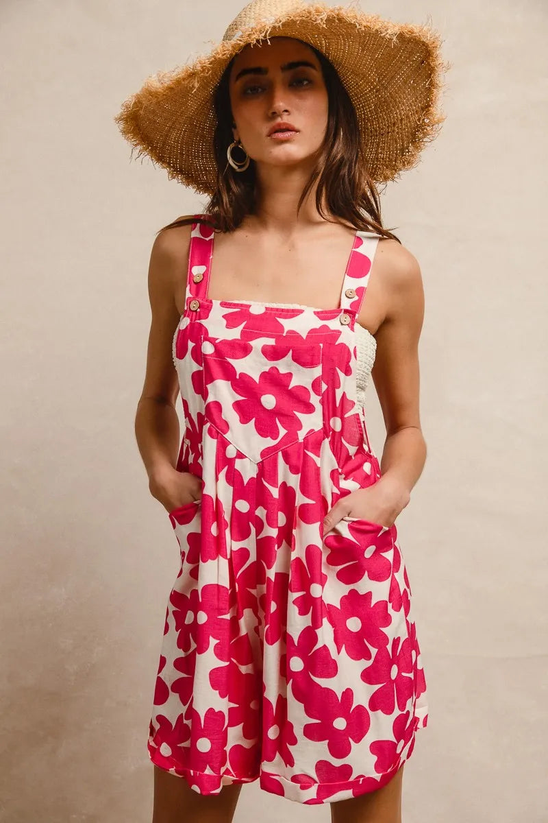 BiBi Floral Print Short Overalls – Tuck Detail Romper with Pockets for Women