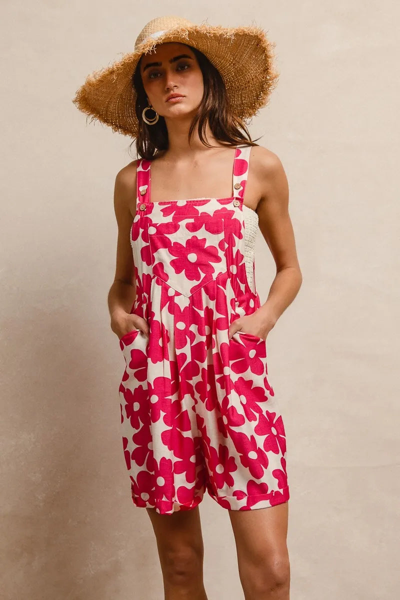 BiBi Floral Print Short Overalls – Tuck Detail Romper with Pockets for Women