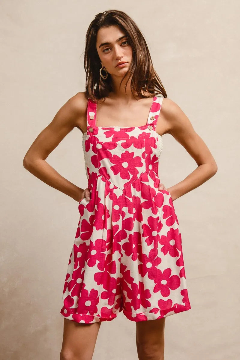 BiBi Floral Print Short Overalls – Tuck Detail Romper with Pockets for Women