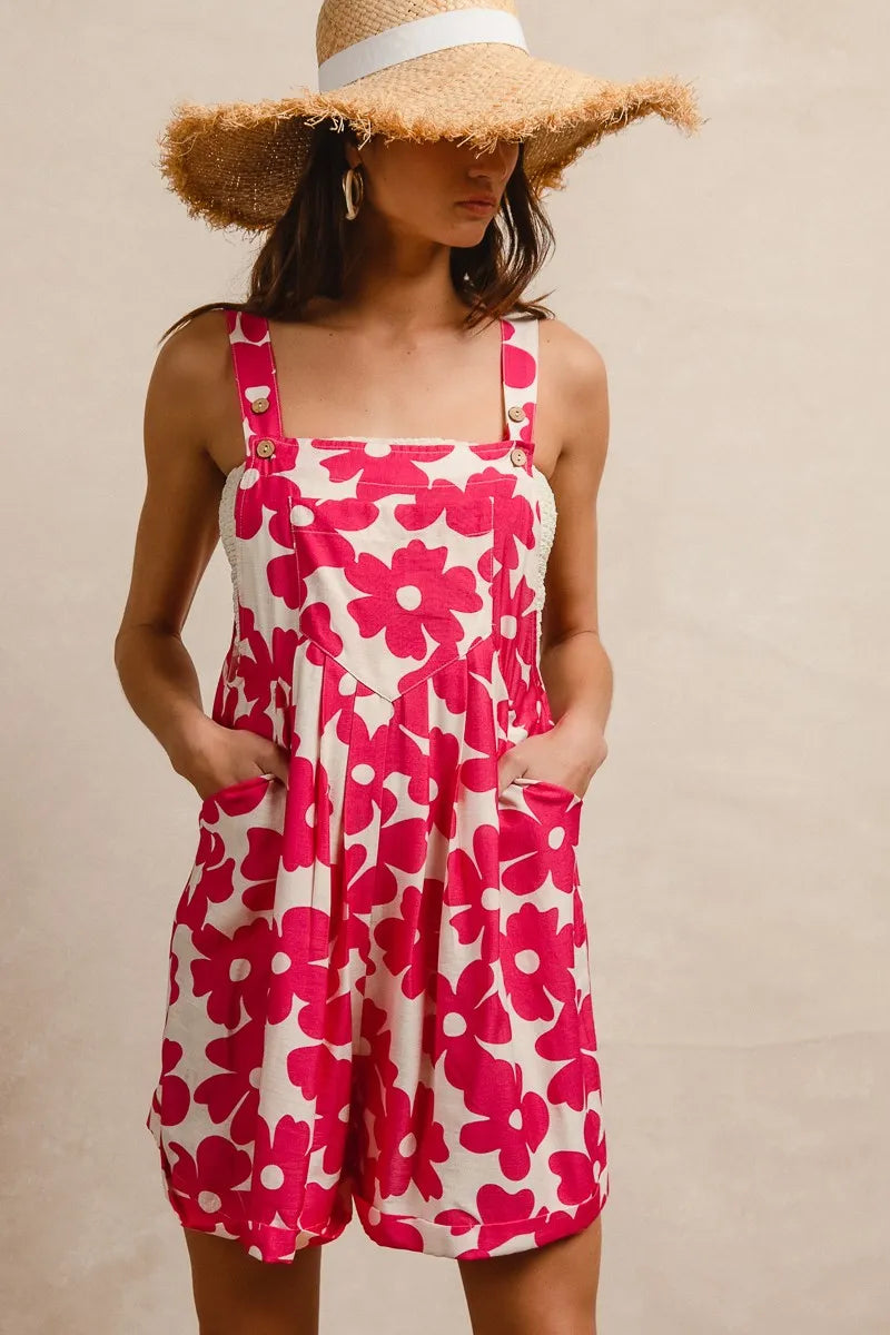 BiBi Floral Print Short Overalls – Tuck Detail Romper with Pockets for Women