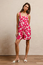 BiBi Floral Print Short Overalls – Tuck Detail Romper with Pockets for Women