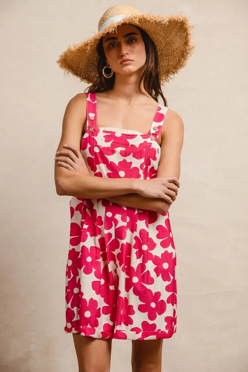 BiBi Floral Print Short Overalls – Tuck Detail Romper with Pockets for Women