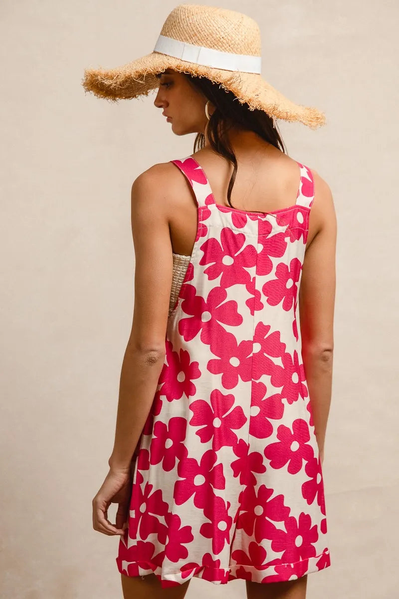 BiBi Floral Print Short Overalls – Tuck Detail Romper with Pockets for Women