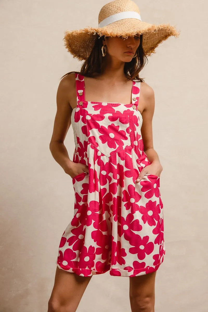 BiBi Floral Print Short Overalls – Tuck Detail Romper with Pockets for Women